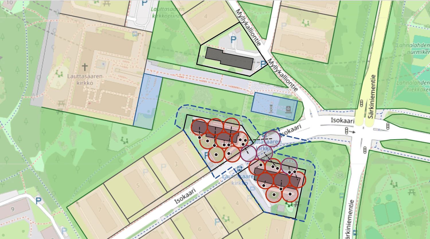 Drilling map of two lots in Lauttasaari, Helsinki, with boreholes as circles on and off the lots, each borehole's drill start point and drilling direction, and the parks, public land and other owners' plots around the lots