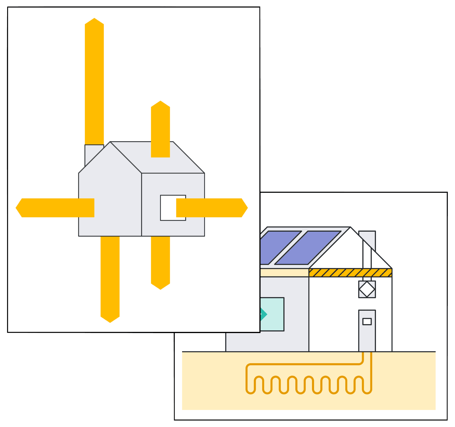 Two pages of an Apex Heat report, one with a diagram of the building's heat losses and one with an illustration of a house with solar panels, added insulation and ground-source heating