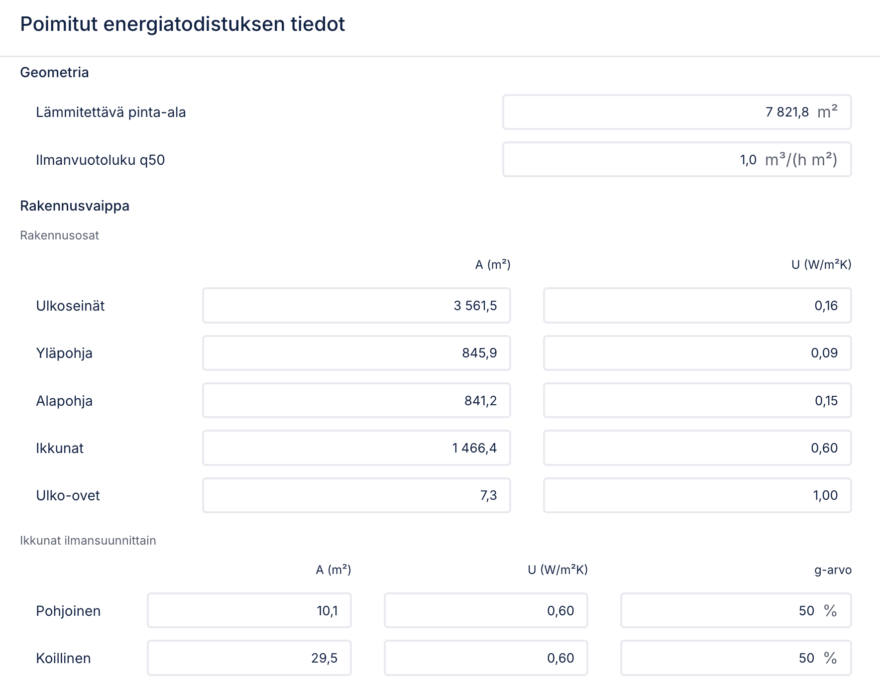 Apex Heat Appin vahvistusnäkymä, jossa energiatodistuksesta poimitut arvot näkyvät kenttinä: lämmitettävä pinta-ala, ilmanvuotoluku sekä ulkoseinien, ylä- ja alapohjan, ikkunoiden ja ovien pinta-alat ja U-arvot